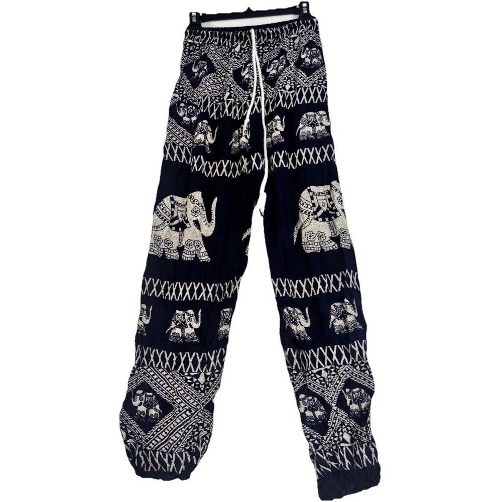 Boho Elephant Harem Pants Navy White Tribal Print Drawstring Waist Size M